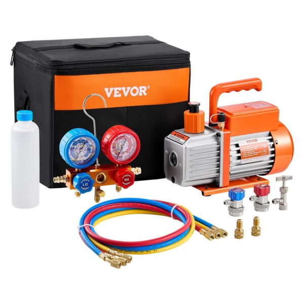 3.5 CFM HVAC Single Stage Rotary Vane Vacuum Pump And Manifold Gauge Kit