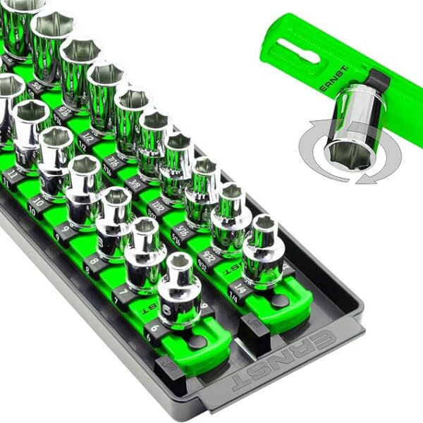 Ernst Manufacturing 8485 Socket Boss - Premium 2-Rail Twist Lock Socket Organizer, 3/8 Inch-Drive, 18-Inch, Green - Made in USA