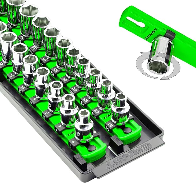 Ernst Manufacturing 8485 Socket Boss - Premium 2-Rail Twist Lock Socket Organizer, 3/8 Inch-Drive, 18-Inch, Green - Made in USA